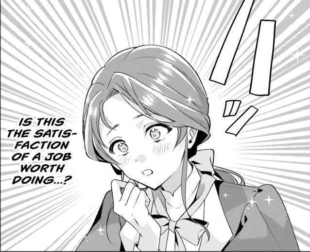 Panel from OL Villainess, featuring main character Natori Midori (great name btw) having a bit too much excitement for work.